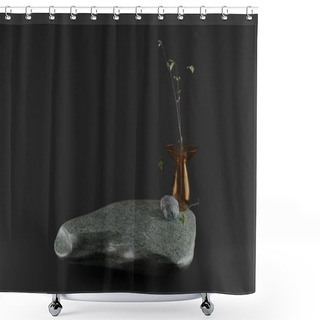 Personality  Podium For Product Display With Dark Background In Feng Shui Style With Stones And Plants. 3d Rendering. Shower Curtains