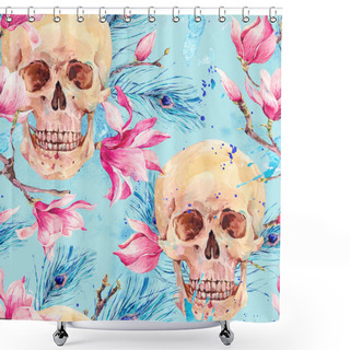 Personality  Watercolor Seamless Pattern With Skull And Magnolia Shower Curtains