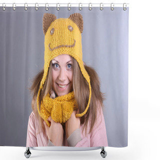 Personality  Cheerful Young Girl In A Pink Down Jacket Shower Curtains