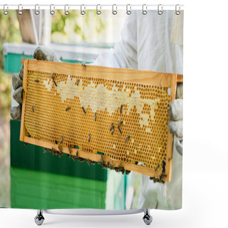 Personality  Bees On Honeycomb In Hands Of Cropped Beekeeper On Apiary Shower Curtains