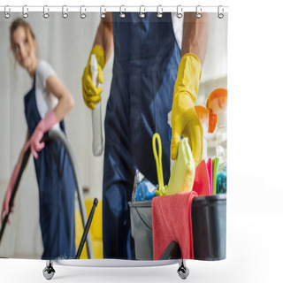 Personality  Selective Focus Of Cleaner Taking Sponge While Standing Near Cleaning Trolley Shower Curtains