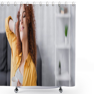 Personality  Pleased Freelancer Relaxing With Cup Of Coffee At Home, Banner Shower Curtains
