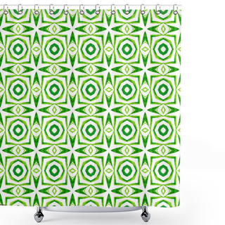 Personality  Ethnic Hand Painted Pattern. Green Splendid Boho Chic Summer Design. Textile Ready Decent Print, Swimwear Fabric, Wallpaper, Wrapping. Watercolor Summer Ethnic Border Pattern. Shower Curtains