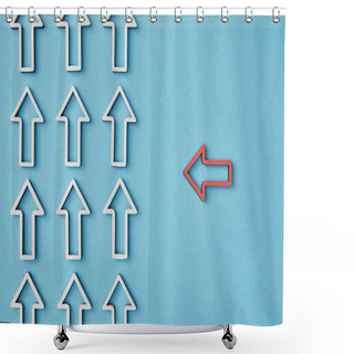 Personality  Top View Of Horizontal Red Arrow Pointing To Vertical Pointers Rows On Blue Background Shower Curtains