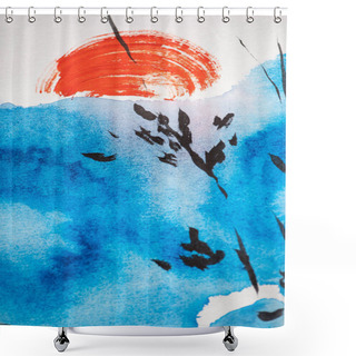 Personality  Japanese Painting With Blue Sky, Branches And Red Sun On White Shower Curtains