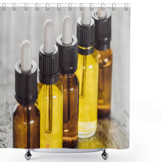 Personality  Close Up View Of Bottles With Natural Serum On Grey Stone Surface Shower Curtains
