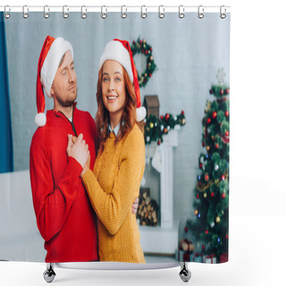 Personality  Happy Woman In Santa Hat Looking At Camera While Embracing Husband On Christmas Shower Curtains