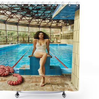Personality  Curly And Pretty African American Woman In Elegant Swimwear And High Heels Sitting By Swimming Pool Shower Curtains
