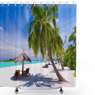 Personality  Deck Chairs Under Palm Trees On A Tropical Beach Shower Curtains