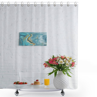 Personality  Tasty Pancakes With Strawberries And Orange Juice On Table With Flowers In Front Of White Brick Wall Shower Curtains