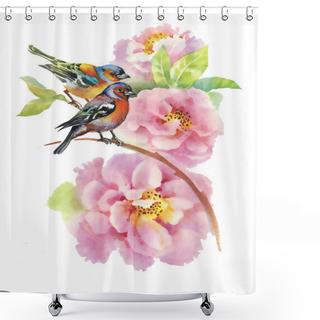 Personality  Blooming Pink Rose Flowers With Birds Shower Curtains