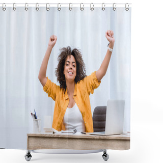 Personality  Beautiful Young Woman Performing Victory Dance At Workplace Shower Curtains
