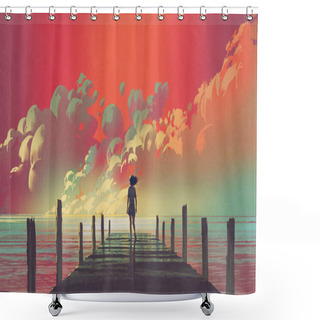 Personality  Beautiful Scenery Of The Woman Standing Alone On A Wooden Pier Looking At Colorful Clouds In The Sky, Digital Art Style, Illustration Painting Shower Curtains