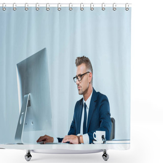 Personality  Handsome Businessman In Suit And Glasses Looking At Computer At Table Isolated On White Shower Curtains