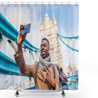 Personality  Man Taking Selfie In London With Tower Bridge On Background Shower Curtains