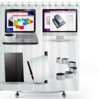 Personality  Vector Office Laptop With Business Diagram, Computer, Cup And Office Accessories Shower Curtains