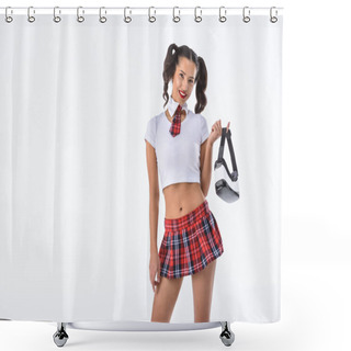 Personality  Happy Sexy Schoolgirl Holding Vr Headset Isolated On White Shower Curtains