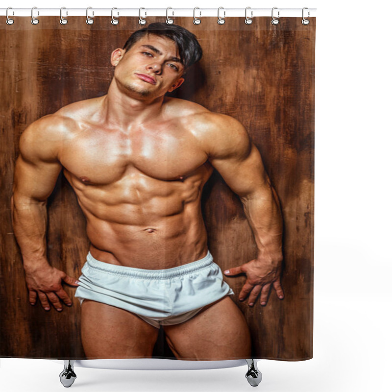 Personality  Awesome young muscular male possing shower curtains