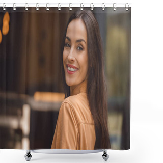 Personality  Selective Focus Of Beautiful Stylish Woman Looking At Camera At Urban Street  Shower Curtains