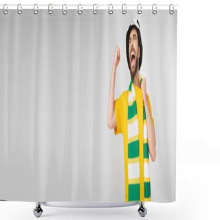 Personality  Excited And Happy Football Fan In Hat And Scarf Rejoicing And Screaming Isolated On Grey, Banner Shower Curtains