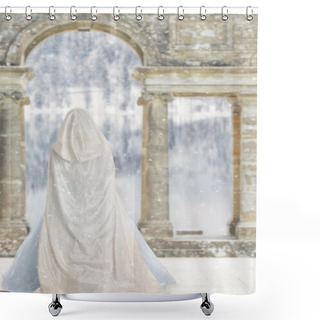 Personality  Cloaked Woman By Castle Lake Shower Curtains
