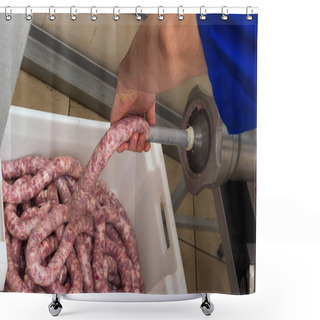 Personality  Closeup Of Production Of Sausages In Meat Shop Shower Curtains
