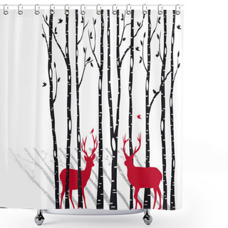 Personality  Birch Trees With Christmas Deers, Vector Shower Curtains