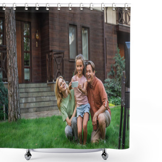 Personality  Kid Taking Selfie With Parents Near Grill On Grass  Shower Curtains
