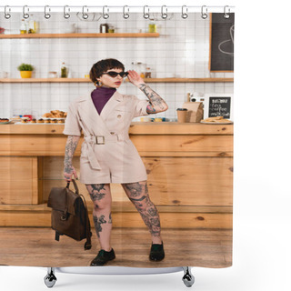 Personality  Fashionable, Tattooed Businesswoman In Sunglasses Standing At Bar Counter In Cafeteria Shower Curtains