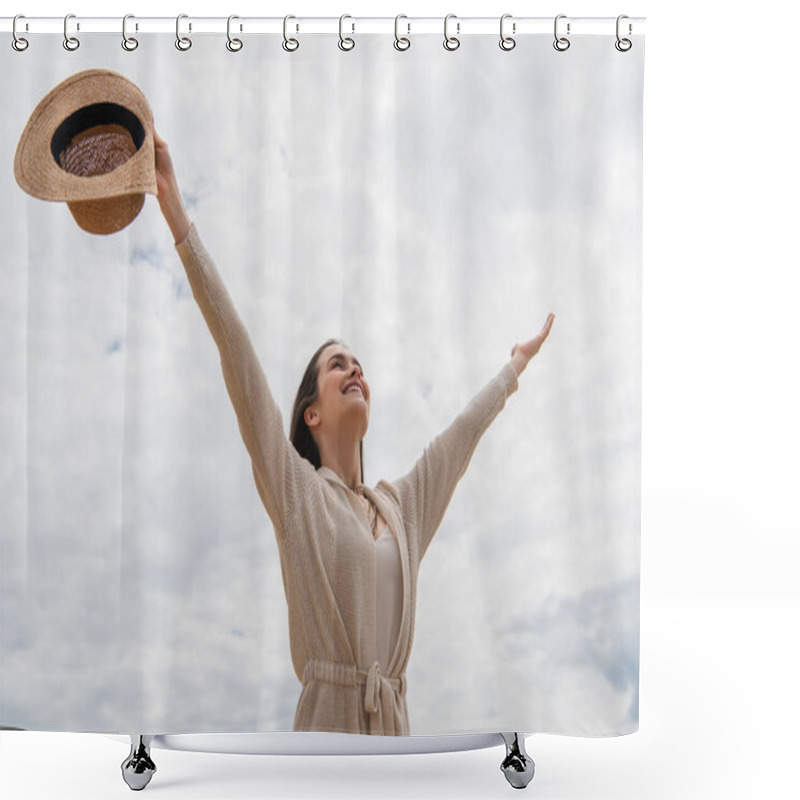 Personality  Cheerful Young Woman Standing With Outstretched Hands Against Cloudy Sky Shower Curtains