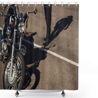 Personality  Partial View Of Biker Going To Chopper Motorcycle On Road Shower Curtains