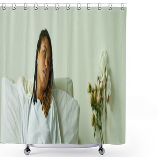 Personality  Sad African American Woman Lying In Private Ward, Flowers, Hospital, Miscarriage Concept, Banner Shower Curtains