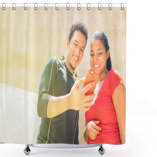 Personality  Two Runners Checking Achievements On Mobile Phone App Shower Curtains