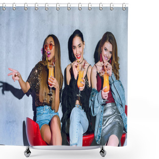 Personality  Happy Stylish Multiethnic Girls Sitting On Bar Stools And Drinking Cocktails At Party Shower Curtains