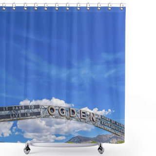 Personality  Square Frame Welcome Arch At The City Of Ogden Utah Against Vivid Blue Sky And Puffy Clouds Shower Curtains