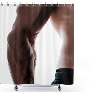 Personality  Cropped View Of Muscular Bodybuilder Hand In Shadow Isolated On White Shower Curtains