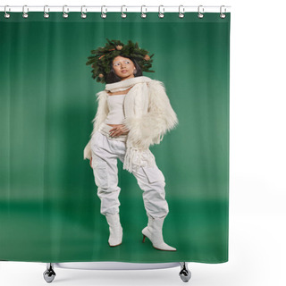 Personality  Festive Season, Asian Woman With White Makeup And Trendy Outfit Posing In Wreath On Green Backdrop Shower Curtains