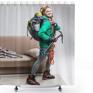 Personality  Young Happy Climber With Backpack, Ice Axe And Climbing Rope At Home Shower Curtains