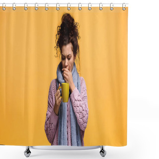 Personality  Sick Woman With Cup Of Tea Coughing Isolated On Orange Shower Curtains