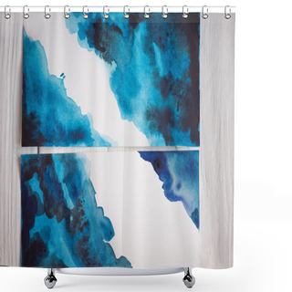 Personality  Top View Of Paper With Japanese Painting With Blue Watercolor On Wooden Background Shower Curtains