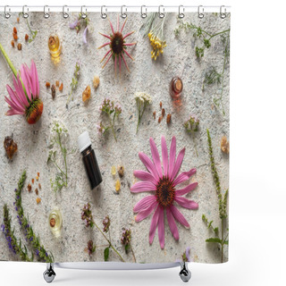Personality  Bottles Of Essential Oil With Frankincense, Hyssop, Blooming Oregano, Echinacea And Other Herbs On A Bright Background Shower Curtains