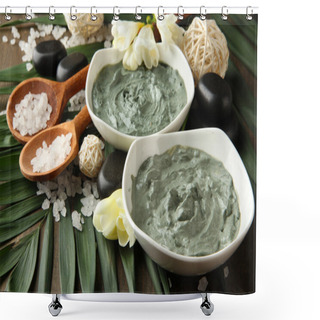 Personality  Composition With Cosmetic Clay For Spa Treatments, On Palm Leaf Background Shower Curtains