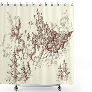 Personality  Mountains Sketch. Mountains Ranges In The Clouds Hand Drawing Shower Curtains