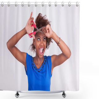 Personality  Young African American Woman Cutting Her Frizzy Afro Hair With S Shower Curtains