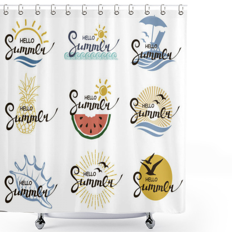 Personality  Emblems Collection Of Hello Summer Lettering With Beach, Pineapple And Watermelon Isolated On White Background Shower Curtains