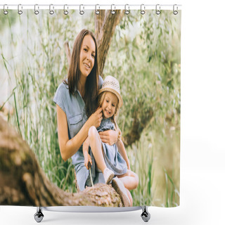 Personality  Happy Adorable Mother And Smiling Daughter Sitting On Green Tree Shower Curtains