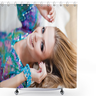 Personality  Sensual Blonde Girl With Blue Eyes In A Blue Dress Lying On The Bed And Smiling Shower Curtains