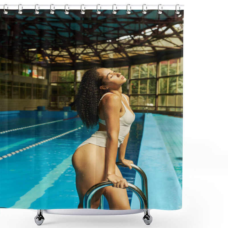 Personality  relaxed young african american woman with wet curly hair standing by pool ladder, serenity shower curtains