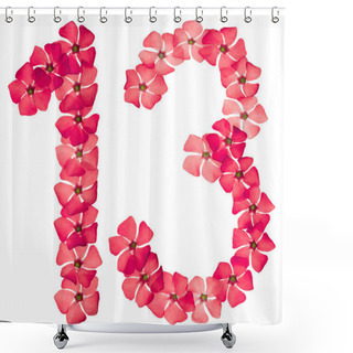 Personality  Numeral 13, Thirteen, From Natural Red Flowers Of Periwinkle, Isolated On White Background Shower Curtains