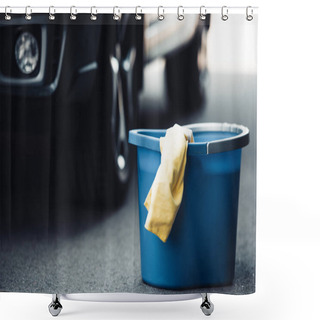 Personality  Blue Bucket And Yellow Rag On Asphalt Near Black Car Shower Curtains